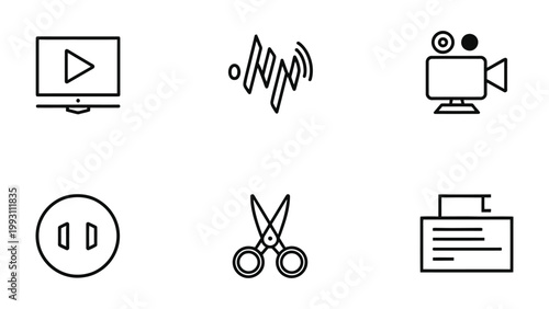 Media Production Icons: A collection of concise icons representing essential tools and elements in the field of media production, signifying creativity and technological sophistication.
