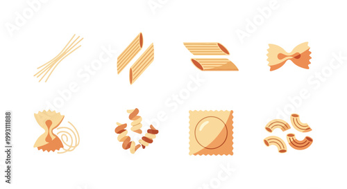 Set of various Italian pasta shapes including spaghetti penne farfalle and ravioli.