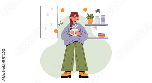 woman, sitting, relaxed, illustration, vector, lifestyle, daily routine, morning coffee