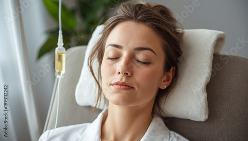Young woman receiving intravenous vitamin therapy treatment while resting with eyes closed in a modern wellness clinic