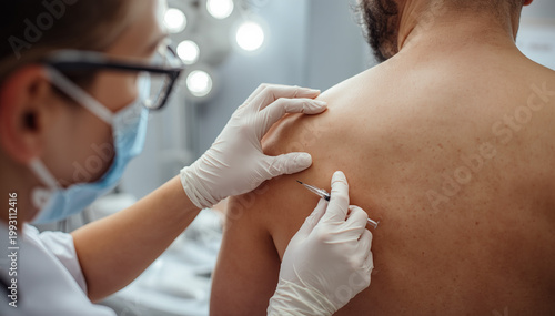 Professional healthcare worker in protective mask and gloves administering a medical injection to a patient in a sterile clinic environment