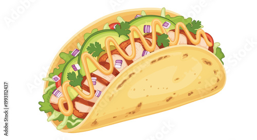 Hand drawn illustration of a delicious grilled chicken taco.