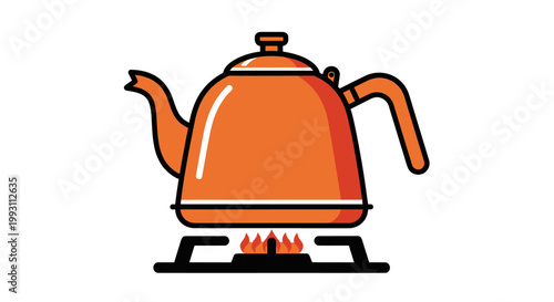 Orange tea kettle boiling on a gas stove burner vector illustration