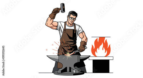 Strong blacksmith hammering hot metal on anvil in a forge workshop
