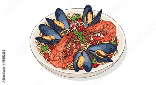 Watercolor illustration of seafood pasta with mussels and shrimp.