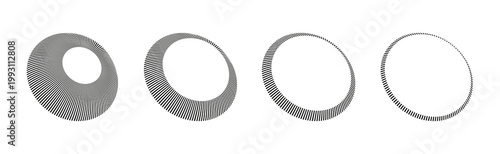 Set of abstract 3D striped rings. Geometric optical illusion shapes, monochrome line art vector design elements isolated on white background.