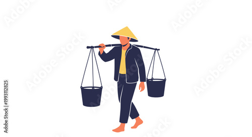 Traditional Asian Worker Carrying Water Buckets with a Shoulder Pole Illustration