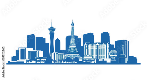 Blue Las Vegas cityscape silhouette with iconic landmarks.