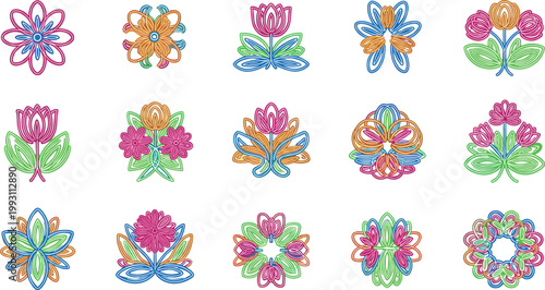 Colorful decorative floral vector set with stylized flowers, ornamental shapes and vibrant botanical design illustration collection