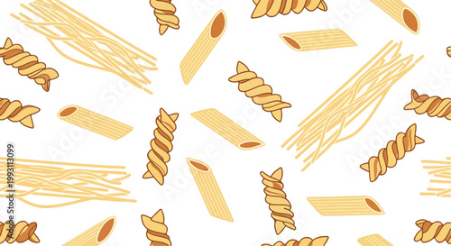 Seamless pattern with various types of raw Italian pasta on white background.