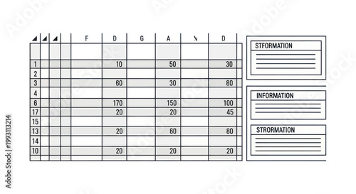 Clean illustration of a data table with numerical values and information boxes.