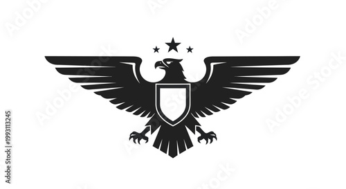 Majestic eagle emblem with shield and stars on a white background.