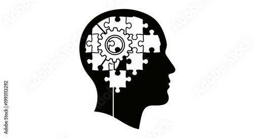 Human head silhouette with puzzle pieces and gear symbolizing thought and problem-solving.