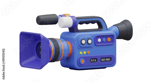 Vector illustration of 3d render of a stylized blue professional video camera on a transparent background