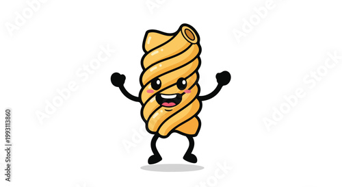 Cute cartoon fusilli pasta character jumping with joy.