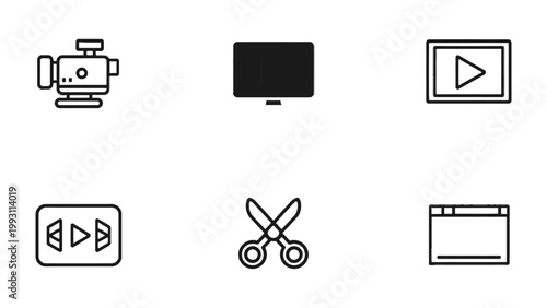 Video Editing Icons: A collection of sleek, modern icons representing key elements and tools essential for video editing tasks, presented in a minimalist, black-and-white style.