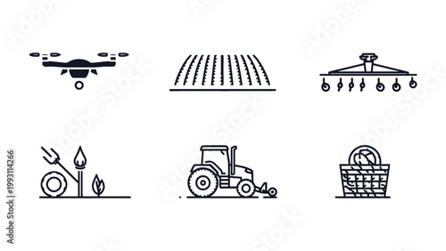 Farm Icons: A set of essential agricultural icons representing modern farming technology, essential tools, and processes.