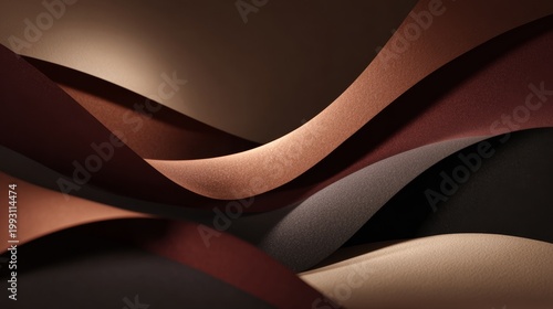 abstract 3d curves and wavy suede textures background, brown and burgundy tones layered with deep shadows - luxury premium backdrop horizontal banner