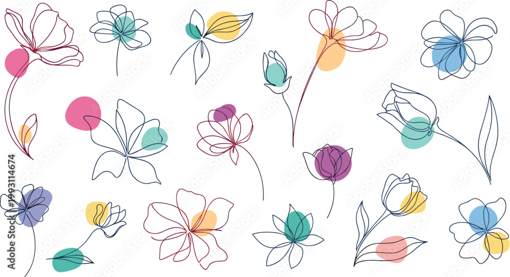 Fototapeta premium Minimal abstract floral line art vector set with colorful shapes, modern botanical flowers and artistic illustration collection