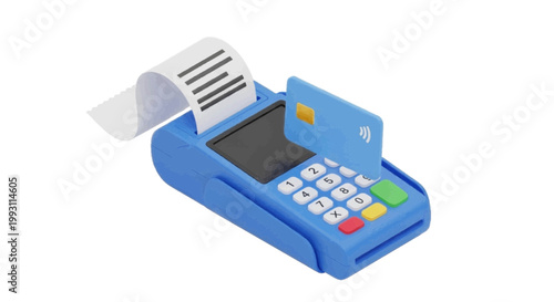 Vector illustration of 3d render of a blue payment terminal with a credit card and receipt on a transparent background