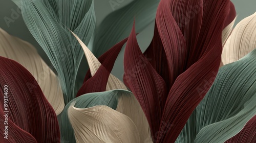 mockup background with natural leaf-inspired patterns, sculpted abstract geometry, sage green and burgundy palette