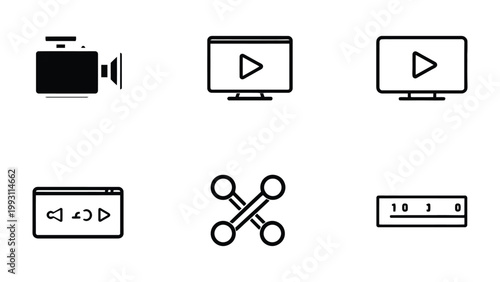 Digital media icons: A collection of sleek, monochromatic icons representing video cameras, video playback interfaces, and multimedia control elements.