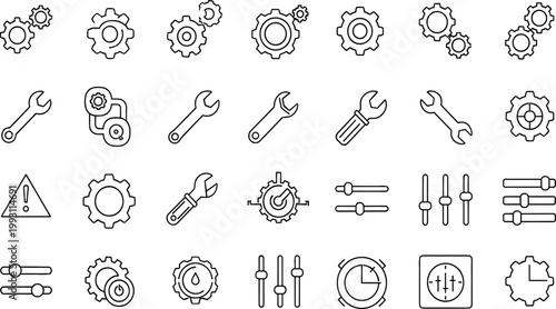 Technical mechanical settings icons vector set with gears cogs and wrench symbols for engineering and repair