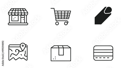 Icon Set: A collection of diverse icons captures the essence of shopping and purchasing, seamlessly representing essential elements of e-commerce and retail.