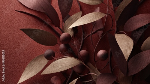 Vertical mockup abstract background with botanical plant elements in green sage and burgundy color backdrop with copy space