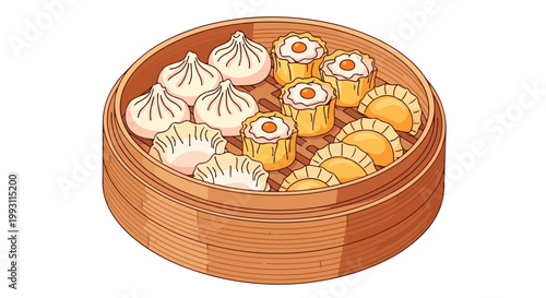 Steamed Dim Sum Assortment in a Traditional Bamboo Steamer Basket.