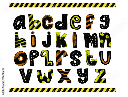 Cute set colorful hand drawn lowercase alphabet ABC letters font color with striped road street under construction site theme doodle kids illustration transparent clipart poster nursery vector