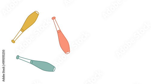Three colorful juggling clubs in mid-air against a plain white background, illustrating a dynamic and playful activity.