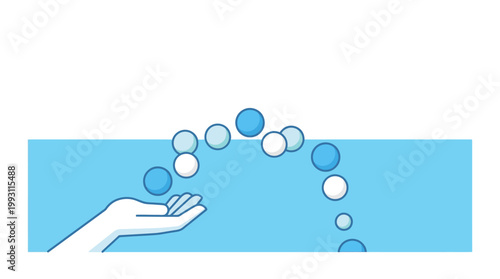 An illustration of a hand tossing a series of blue and white spheres in an arc, depicting motion and playfulness.