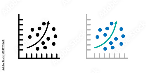 Outline icon set. of scatter chart with upward trend line representing analytics, statistics, and data growth.