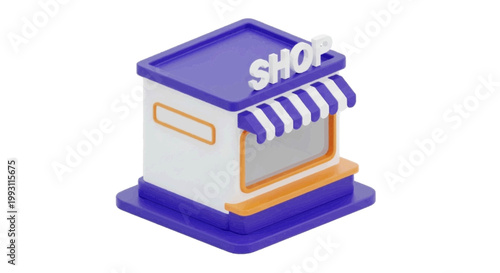 Vector illustration of 3d isometric icon of a small shop building with a striped awning on a transparent background