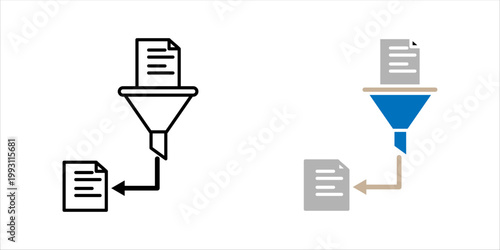Minimal outline icon set. of funnel filtering documents representing data processing, sorting, and organization.