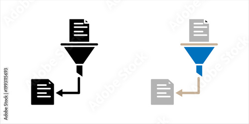 Minimal outline icon set. of funnel filtering documents representing data processing, sorting, and organization.