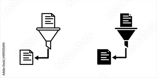 Minimal outline icon set. of funnel filtering documents representing data processing, sorting, and organization.