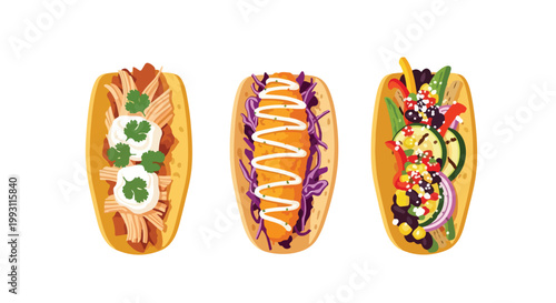 Three varieties of gourmet tacos isolated on white background.