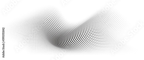 Flowing Wave Dot Halftone Pattern: Curve Gradient Shape on Transparent Background. Suitable for AI, Tech, Network, Digital, Science, and Technology Themes.
