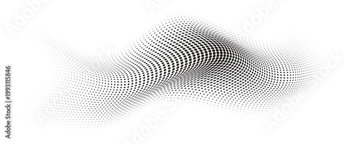 Flowing Wave Dot Halftone Pattern: Curve Gradient Shape on Transparent Background. Suitable for AI, Tech, Network, Digital, Science, and Technology Themes.