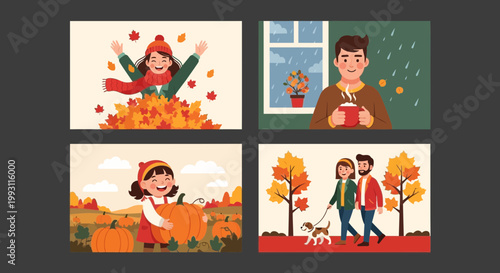 Autumn season lifestyle illustration showing happy people enjoying fall foliage outdoors with warm sunlight