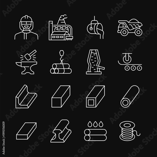 Metallurgy white icon set. Linear vector symbols of worker, metallurgical plant, blast furnace, quarry dump truck and metal product. Industrial technology vector illustration. Editable stroke.