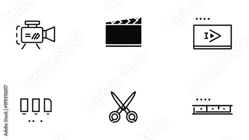 Media Editing Icons: A collection of various simple icon for media and film industry such as camera, film slate and scissor.