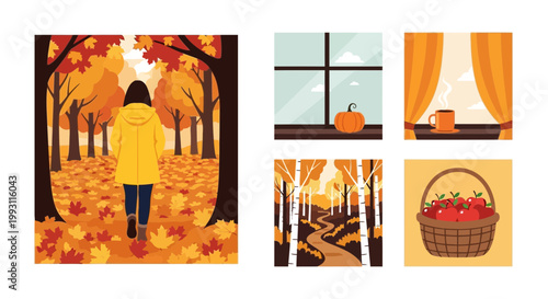 Autumn woman walks through colorful forest path enjoying fall season lifestyle with warm sunlight and vibrant nature