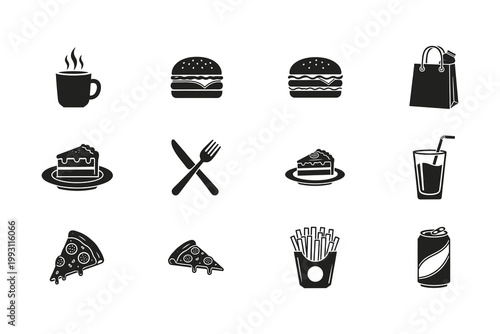 Collection of popular fast food and drink icons including burgers pizza and coffee isolated on white background