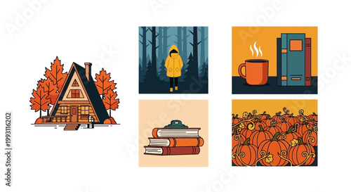 Flat design vector illustration of cozy autumn house surrounded by vibrant fall foliage under warm sunlight representing seasonal home lifestyle