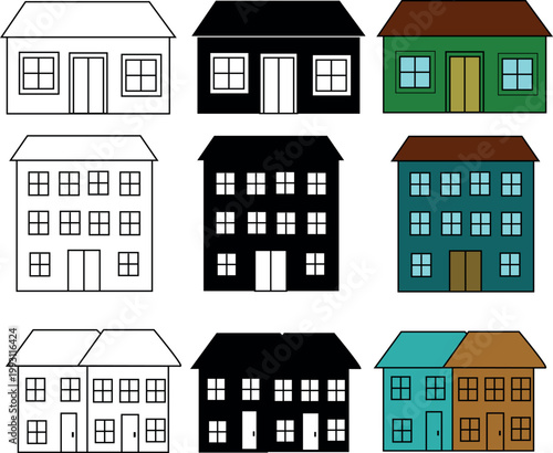 A colorful vector set of triple and multi-story houses in various designs. The minimalist illustration still includes single-story, multi-story, and residential houses. Suitable for web design, infogr