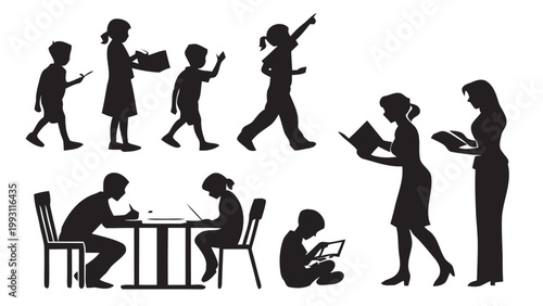 Vector set of school children activities and teaching concepts in black silhouette on white background