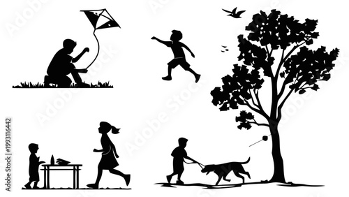 Black silhouette vector collection featuring children playing with kites walking dogs and enjoying outdoor recreation in a park setting for creative design